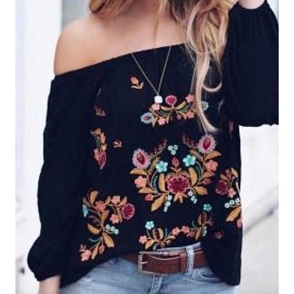 Black Floral Embroidered‎ Off Shoulder Long Sleeve Oversize Boho Top Blouse - Picture 3 of 9